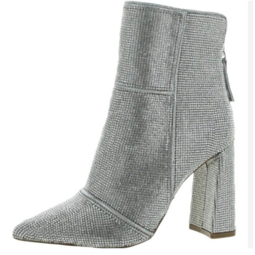 Steve Madden Tarra Silver Rhinestone Pointed Toe Block Heel Booties SZ 7.5